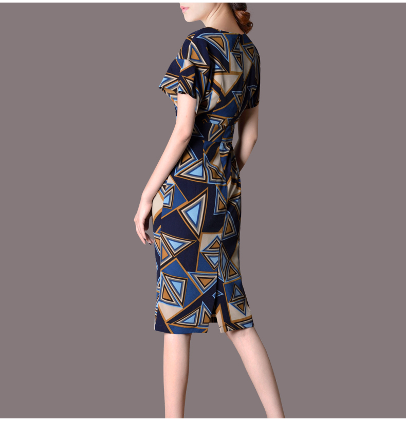 尚】2016夏装新款性感小v领短袖包臀中长裙复古花色连衣裙 - 悦尚服饰