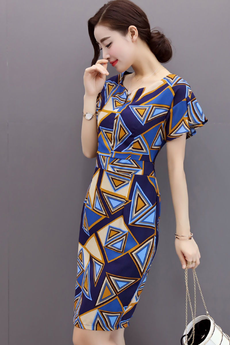 尚】2016夏装新款性感小v领短袖包臀中长裙复古花色连衣裙 - 悦尚服饰