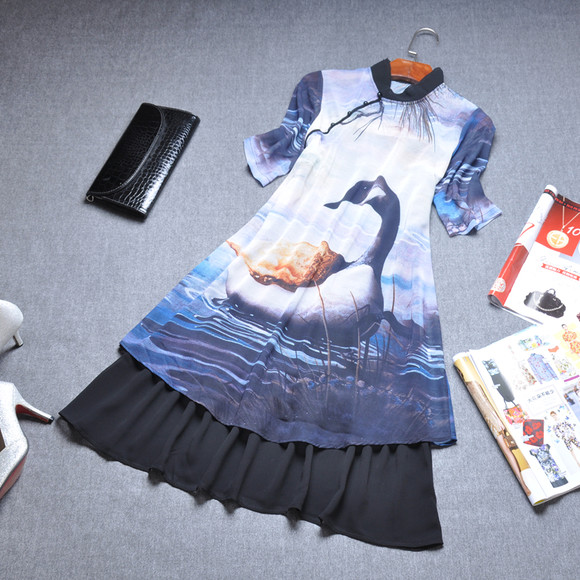 时装天鹅印花盘扣A字裙吊带时尚修身两件套 162204