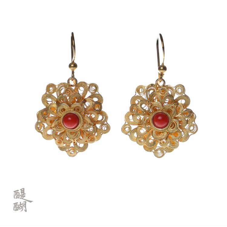 醍醐 手工花丝景泰蓝工艺 天然珊瑚 花型耳饰