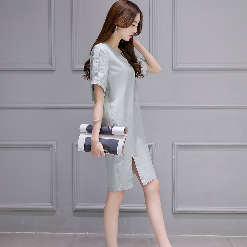 [领先衣族]半开领纯色宽松短袖开叉短款套头2016年夏季时尚简约气质