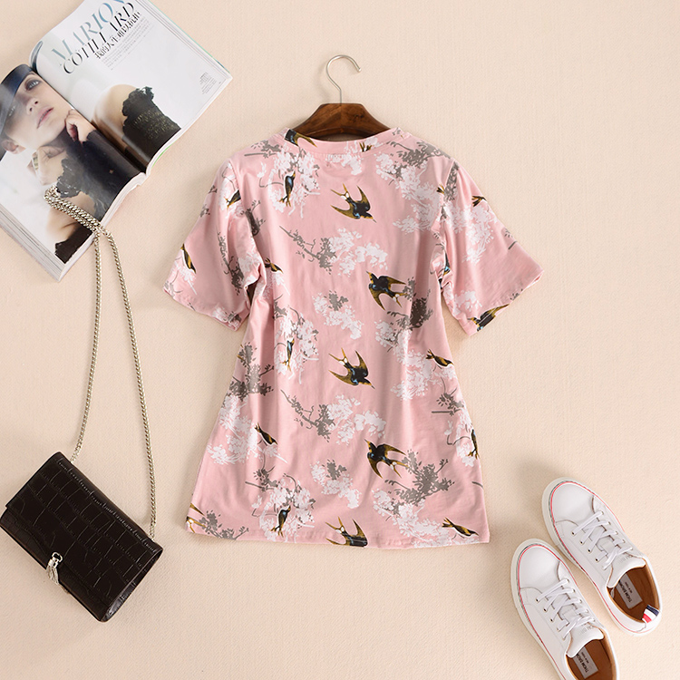 【悦尚】韩版时尚宽松棉打底衫飞鸟腊梅印花圆领短袖t恤 - 悦尚服饰