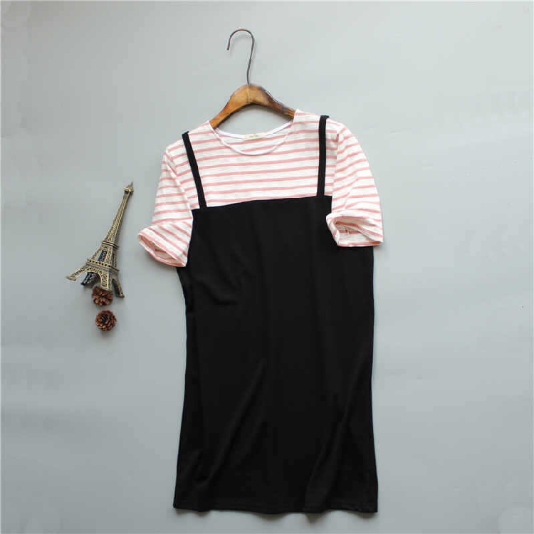 【悦尚】短袖日系森女宽松学生裙 假两件条纹背带连衣裙 - 悦尚服饰
