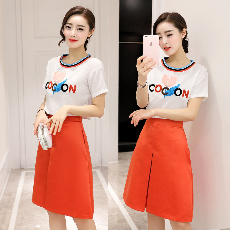 2016夏装新款韩版套裙两件套短袖圆领中长款时尚连衣裙女裙套装