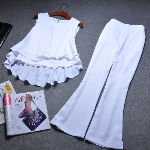 欧洲站高端修身压褶上衣搭纯色阔腿裤套装162711