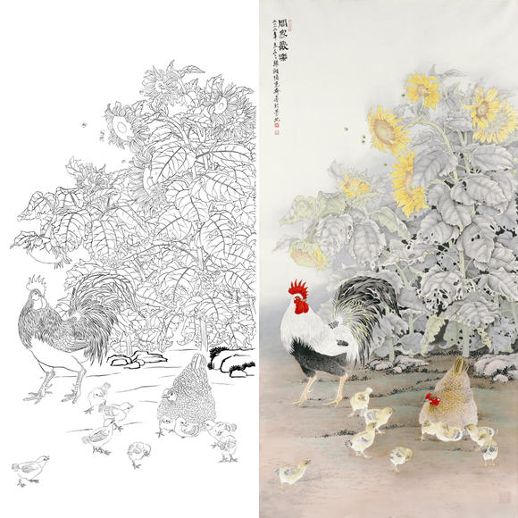 白描底稿-工笔花鸟-向日葵公鸡-a118
