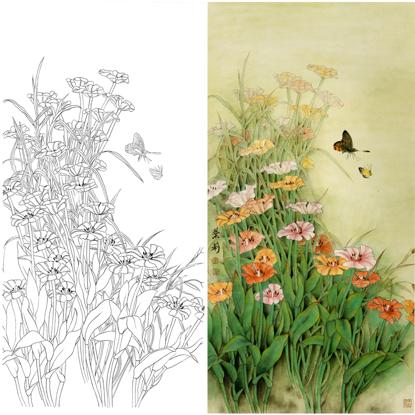 白描底稿-工笔竖幅四尺六尺花鸟-a103