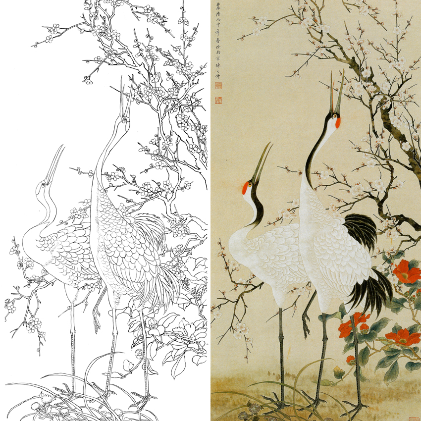 白描底稿-陈之佛工笔竖幅四尺六尺花鸟-梅花白鹤-a090