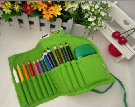 绿色笔帘带15支彩色铅笔 削笔刀