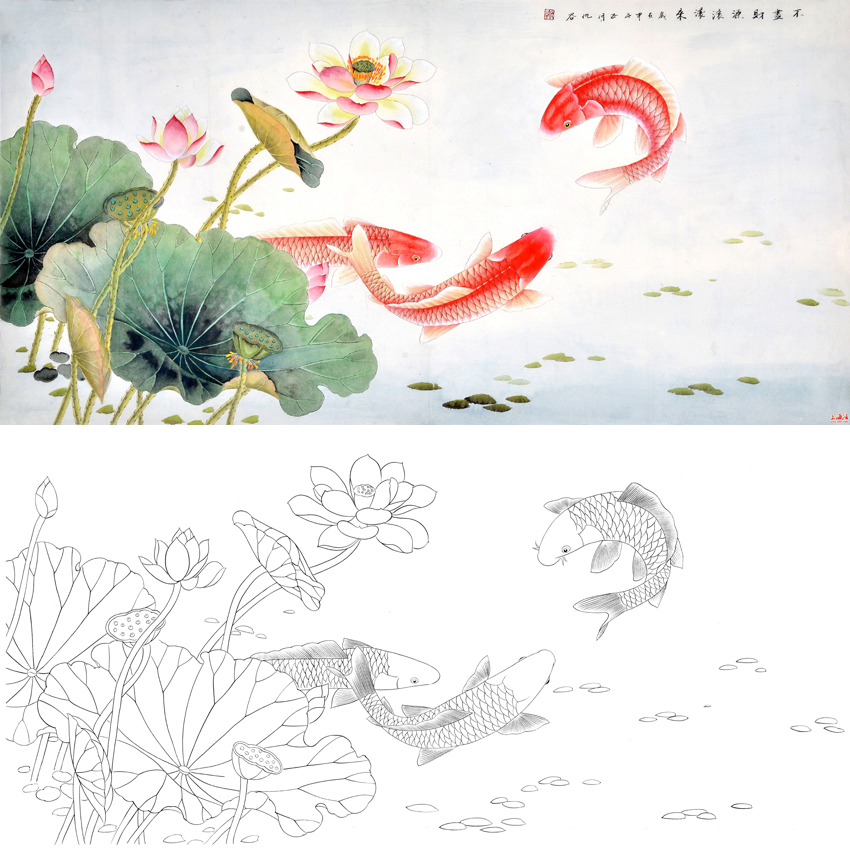 白描底稿-仇谷工笔横幅四尺六尺花鸟-荷花鲤鱼-不尽财源滚滚来-a149