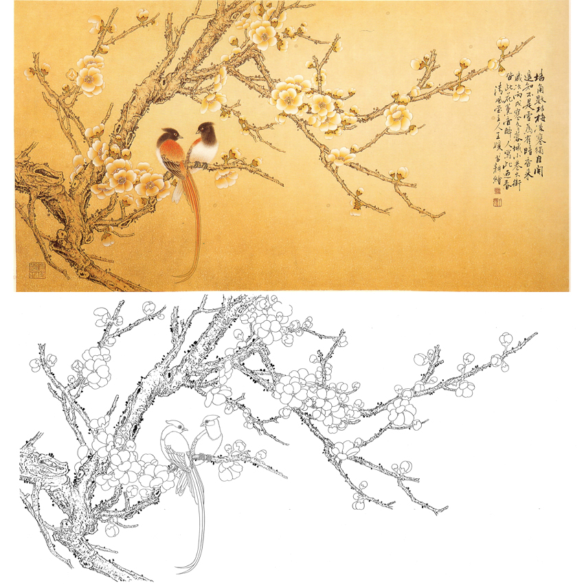 白描底稿-工笔横幅四尺六尺花鸟-梅花-a159