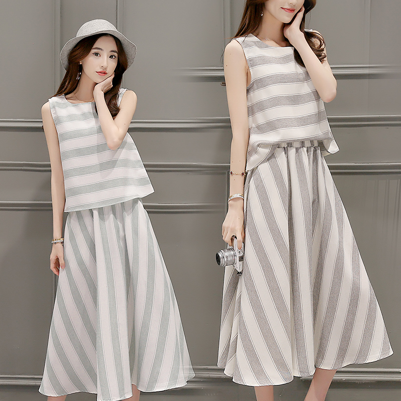 2016夏季新款韩版条纹套裙两件套无袖中长款棉麻连衣裙女裙套装背 