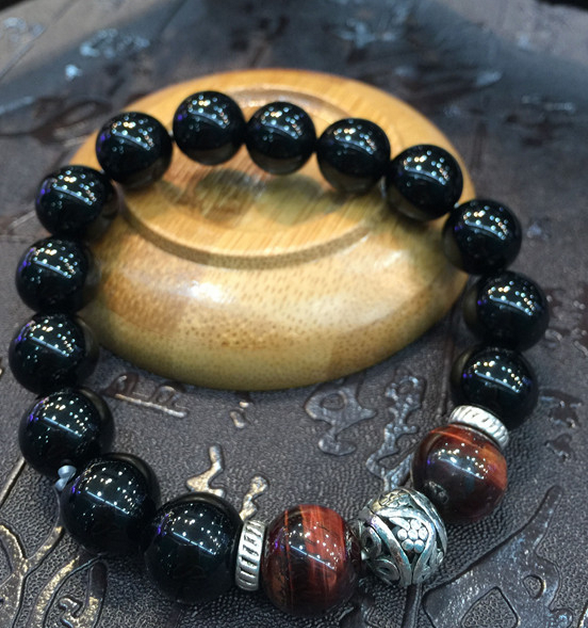 黑曜石配虎眼石转运珠手串