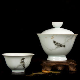 景德镇茶器特制珍藏版盖碗 5头盖碗老鸟釉上手绘茶具 泡茶杯器