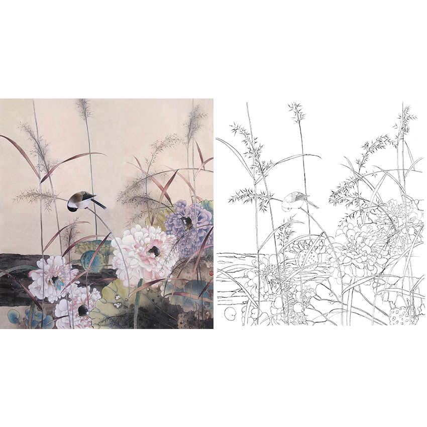 白描底稿-贾广健工笔花鸟-荷花-a285