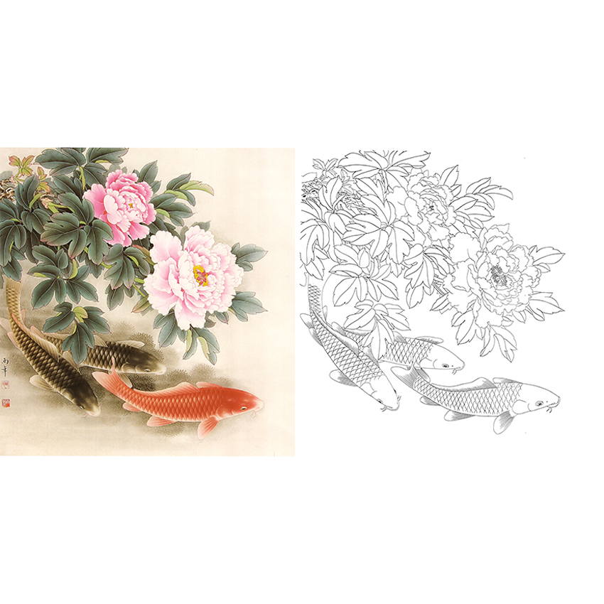 斗方小品白描底稿-路雨年工笔花鸟-牡丹鲤鱼-a256