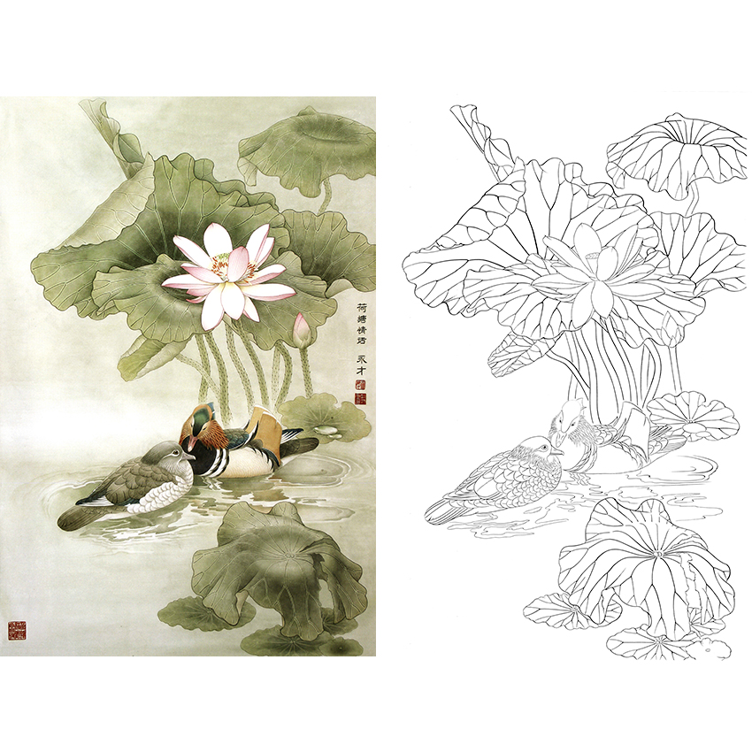 竖幅工笔花鸟白描底稿鸳鸯a310