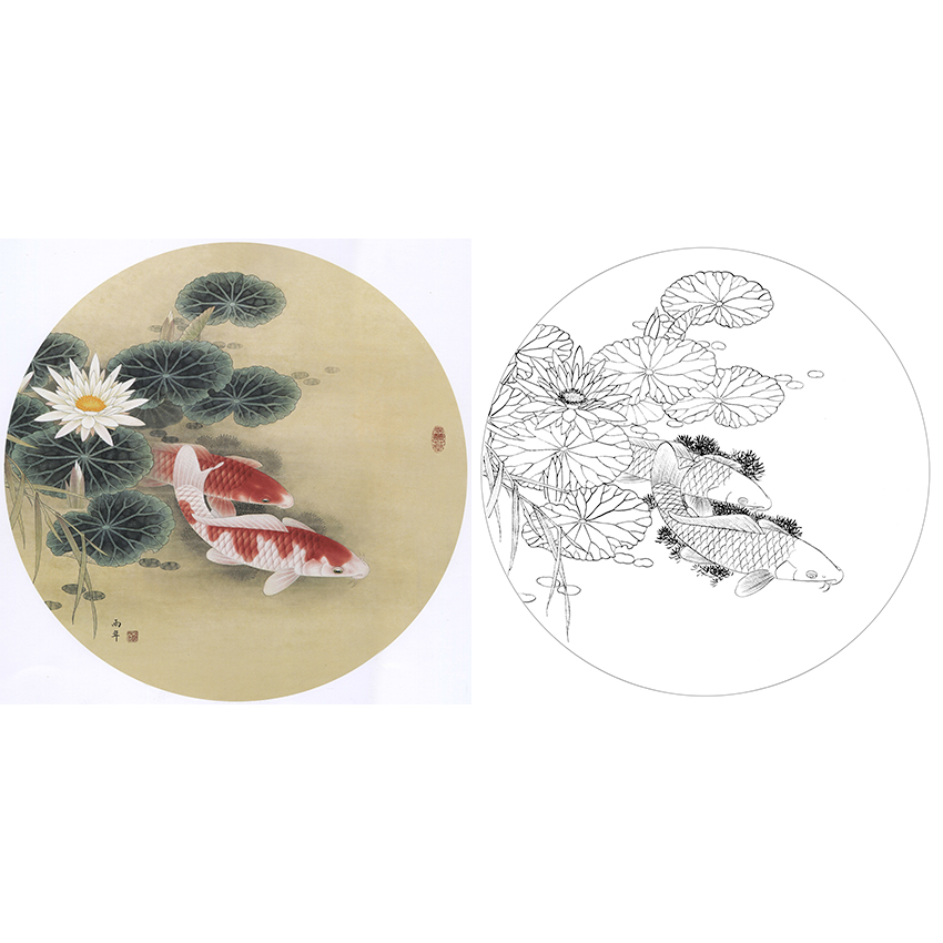 斗方小品白描底稿-路雨年工笔花鸟-荷花鲤鱼-a427