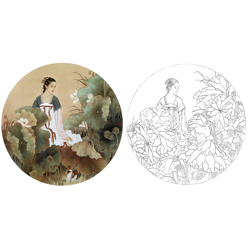 白描底稿-斗方小品圆面人物-王美芳仕女-b160