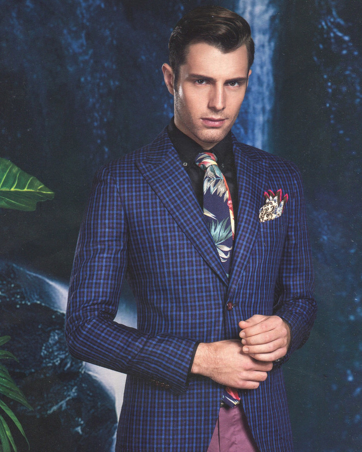 高档时尚三开身半麻衬工艺蓝,紫色格纹男士西服