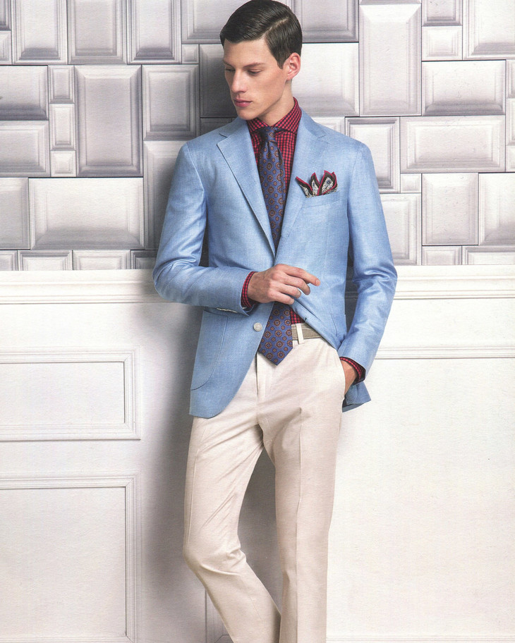 高档时尚三开身半麻衬工艺天蓝色斜纹组织男士西服