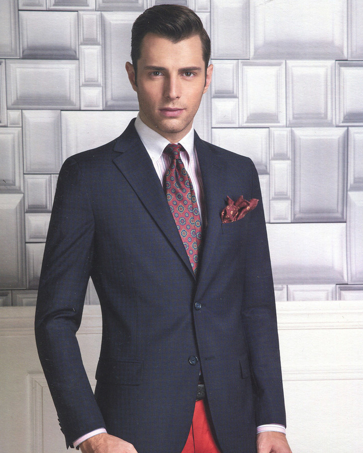 高档时尚三开身半麻衬工艺海军蓝,黑色小格子男士西服