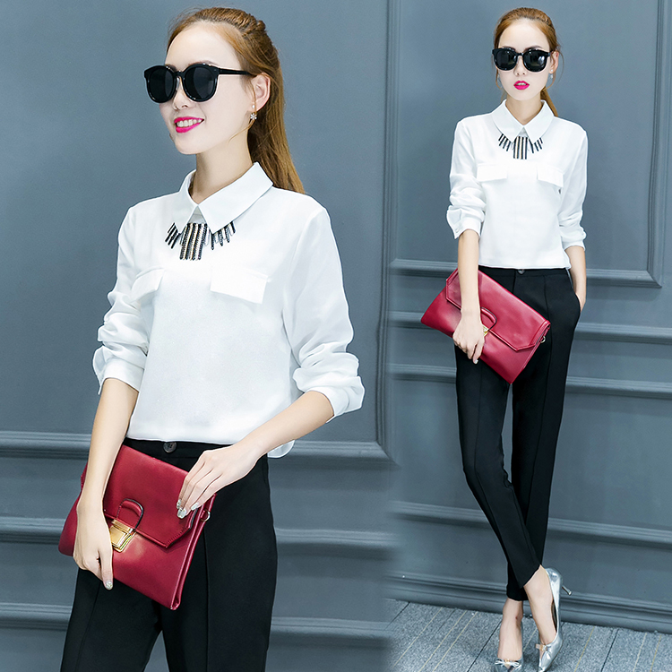 【雅阁】秋季新品韩版女士职业ol时尚西装裤两件套百搭长袖衬衣长裤