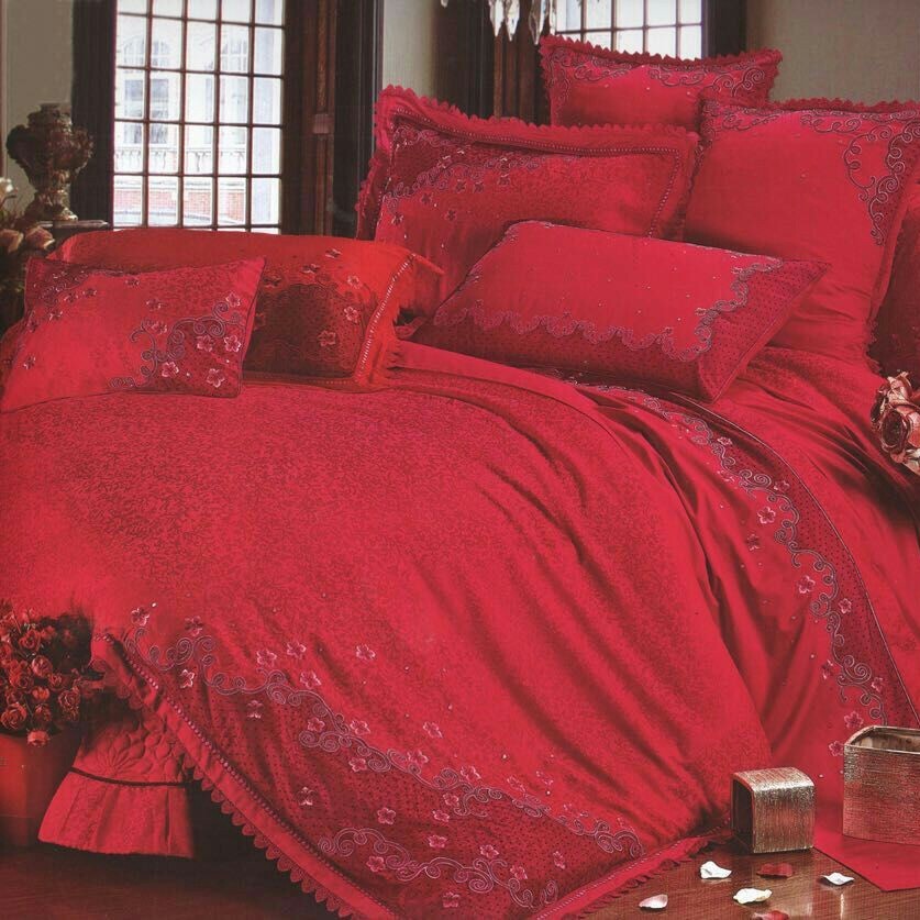 富贵兰家纺 凯丽丝大红,玫红四件套/十件套