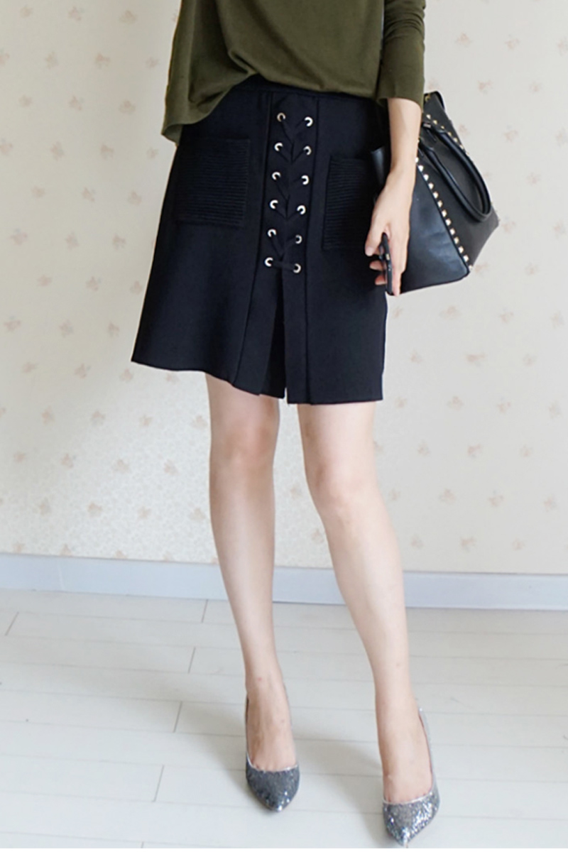 秋冬新款 简洁a字 经典双口袋系带冰麻针织小a裙半身裙女