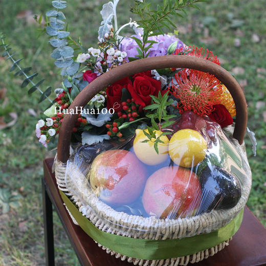 祝福花篮丨《春华秋实花果篮》玫瑰针垫花紫绣球水果组合（提前1-2天预定，可详询客服） 商品图1
