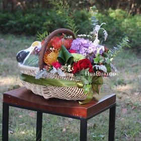 祝福花篮丨《春华秋实花果篮》玫瑰针垫花紫绣球水果组合（提前1-2天预定，可详询客服）