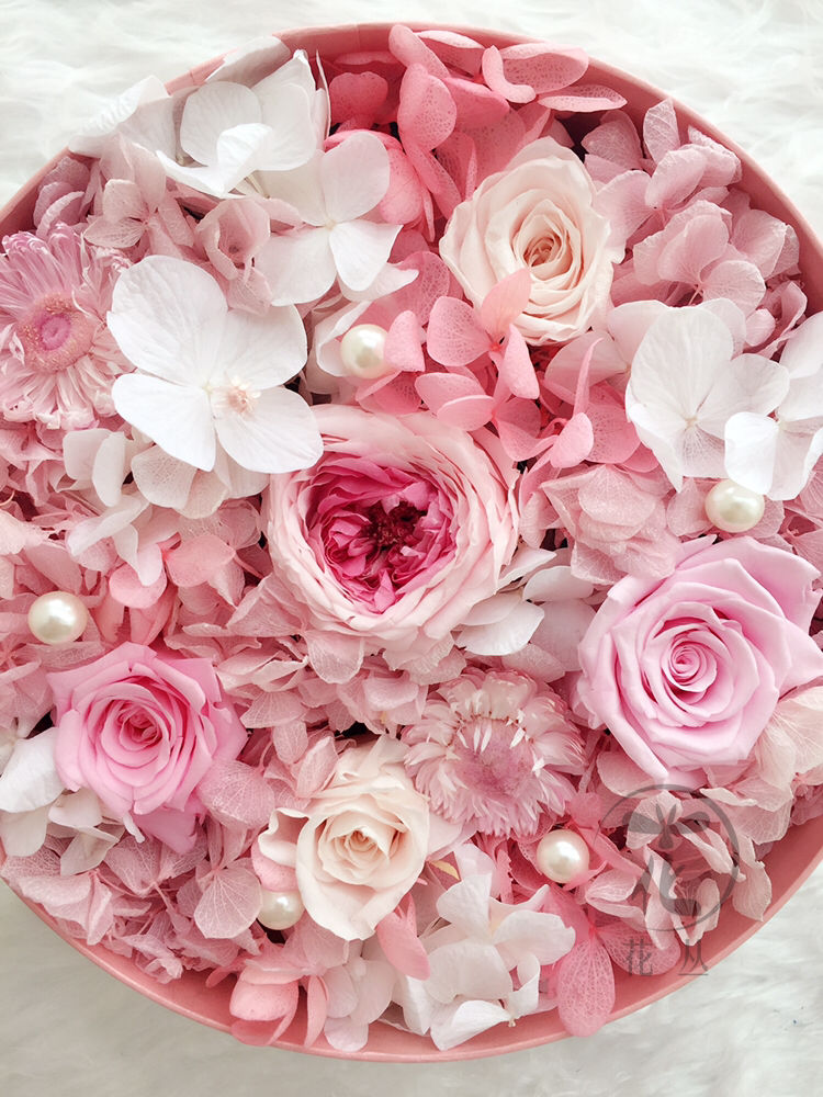 【花丛】永生花 花盒 圆 粉色