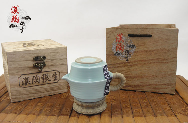 汝窑 汉陶张生 天青螺纹快客杯 开片 便携式茶具 一壶一杯