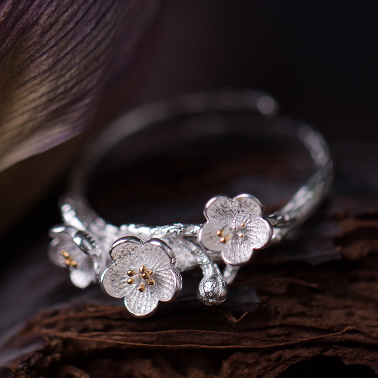 s925银梅花戒指开口设计 文艺时尚送女友