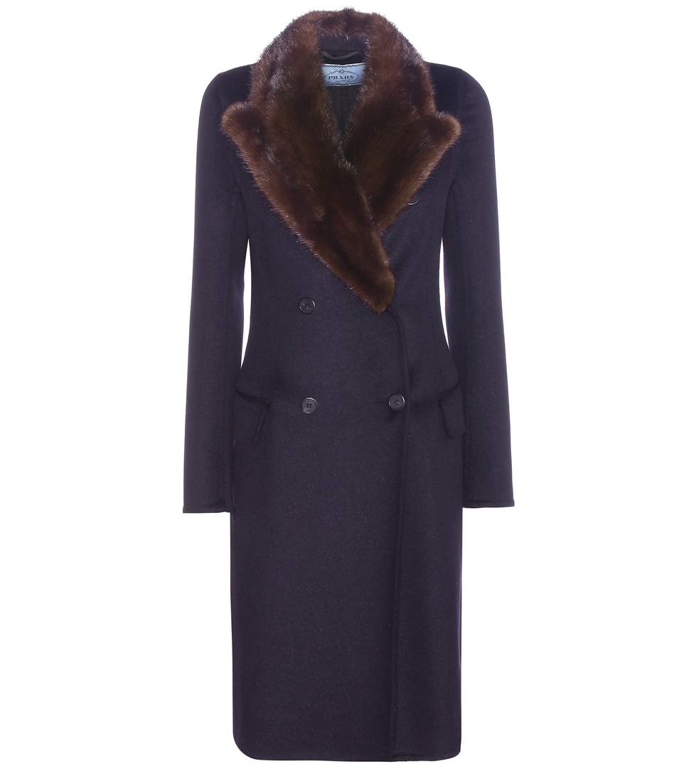 prada 毛皮边饰羊毛安哥拉毛羊绒混纺大衣