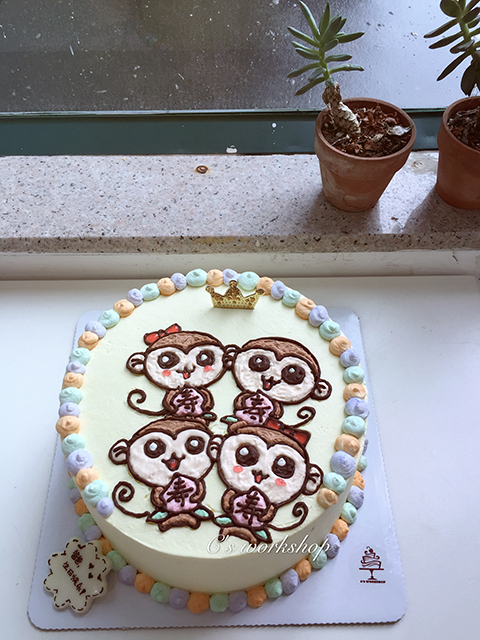 (手绘)卡通4只小猴子捧寿桃贺寿款 水果忌廉蛋糕