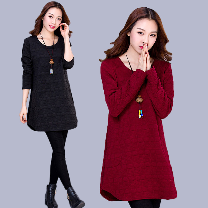 (精品)大码女装加肥加大胖mm上衣2016秋冬新款中长款宽松显瘦长袖t恤