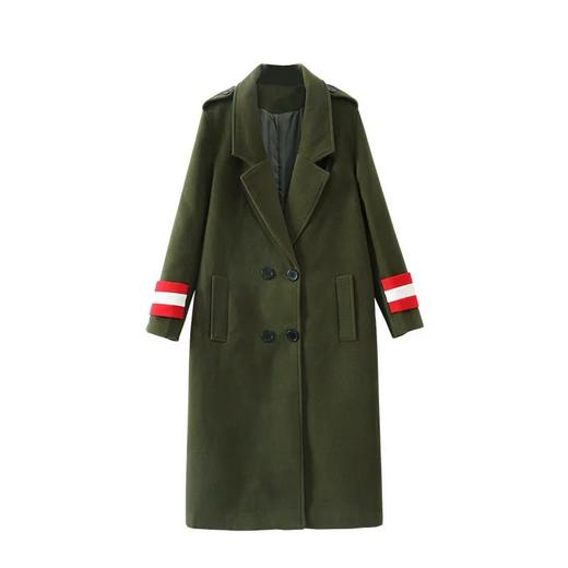 【毛呢大衣】。中长款双排扣女士修身毛呢大衣欧美版军绿色风衣 商品图0
