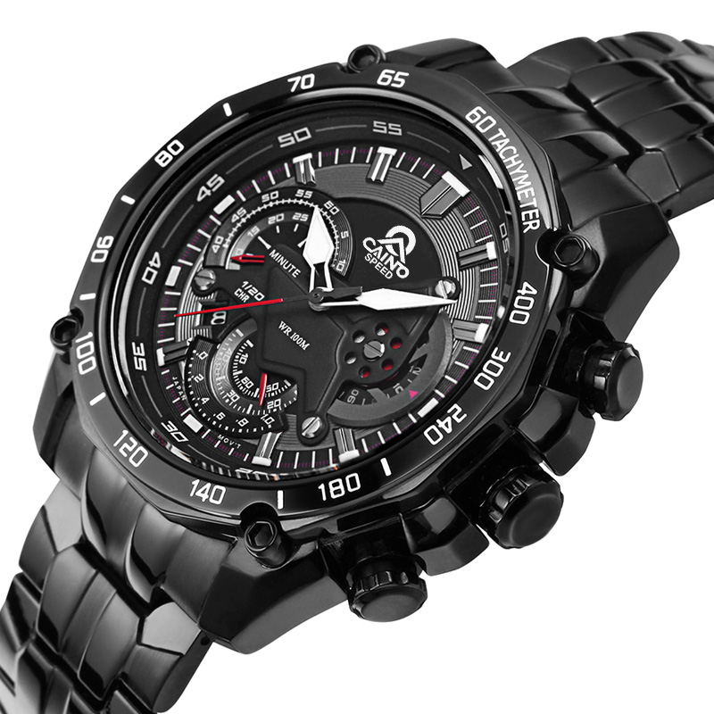 正品卡伊诺男士时尚运动石英手表全黑钢带男表防水军表户外多功能