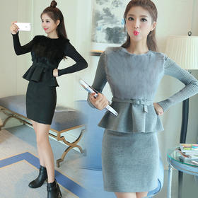 【服饰鞋包】秋冬女装韩版长袖打底裙拼接套裙 中长款毛呢连衣裙