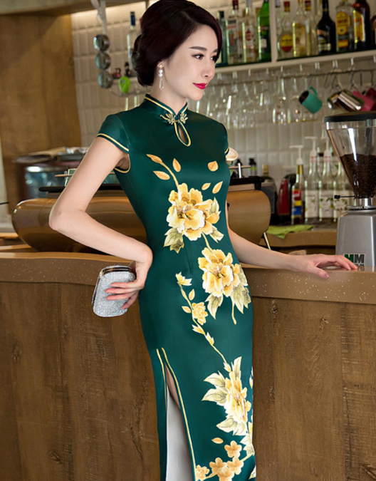 c7214新款立领仿丝高开叉精品旗袍