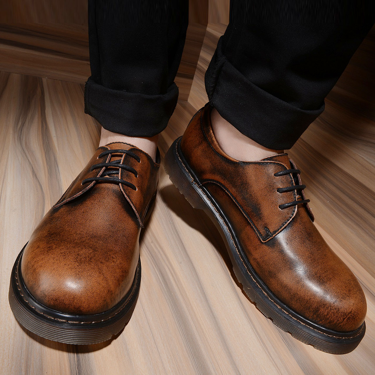 ifashion男鞋皮鞋0405秋冬英伦休闲男鞋圆头真皮内增高大头皮鞋低帮