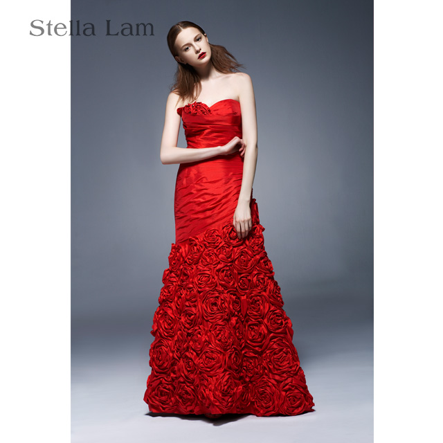 抹胸立体花塔夫绸长裙