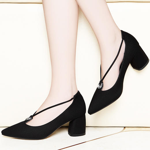 【服饰鞋包】春款韩版女鞋绒面驼色粗跟高跟鞋尖头浅口细带组合单鞋气质潮 商品图0