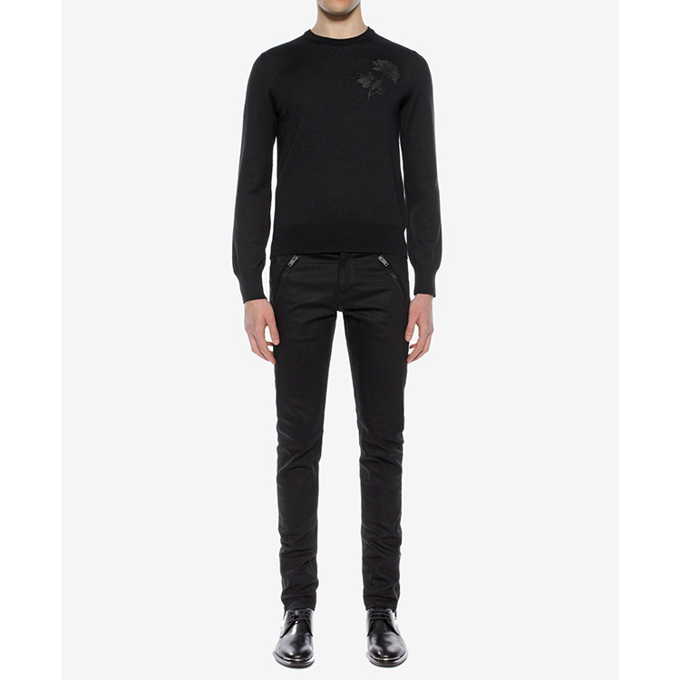 英国正品代购alexandermcqueen麦昆男黑色纯羊毛绣花圆领套头毛衣