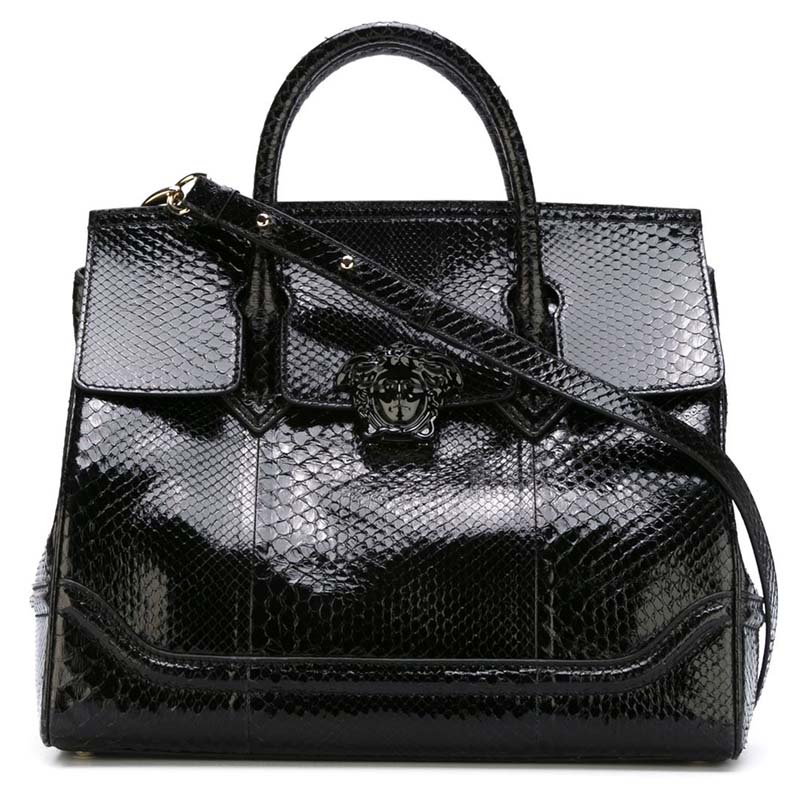 versace女包法国正品代购范思哲黑色蟒蛇皮美杜莎大号手提包