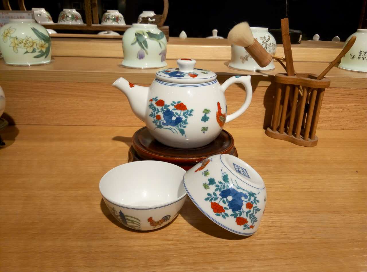 景德镇 陶瓷 国瓷红叶 3头鸡缸杯茶具