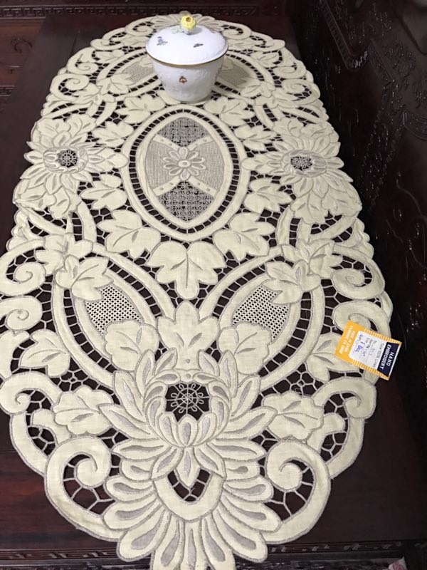 老外贸手绣纯亚麻长椭圆多用巾82*37cm