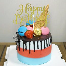 彩虹淋面蛋糕（三层水果夹心）