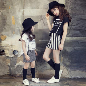 【女童套装】新。款夏季女童套装中大儿童短袖T恤条纹短裤亲子套装